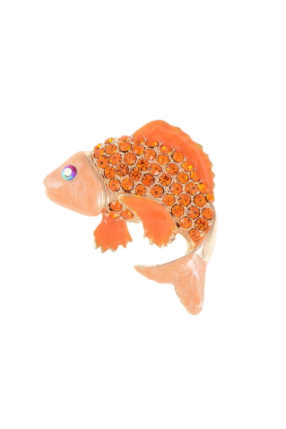 Lucky Love Koi Gold Fish Carp Golden Tone Enamel Orange Crystal Rhinestone Animal Pin Brooch