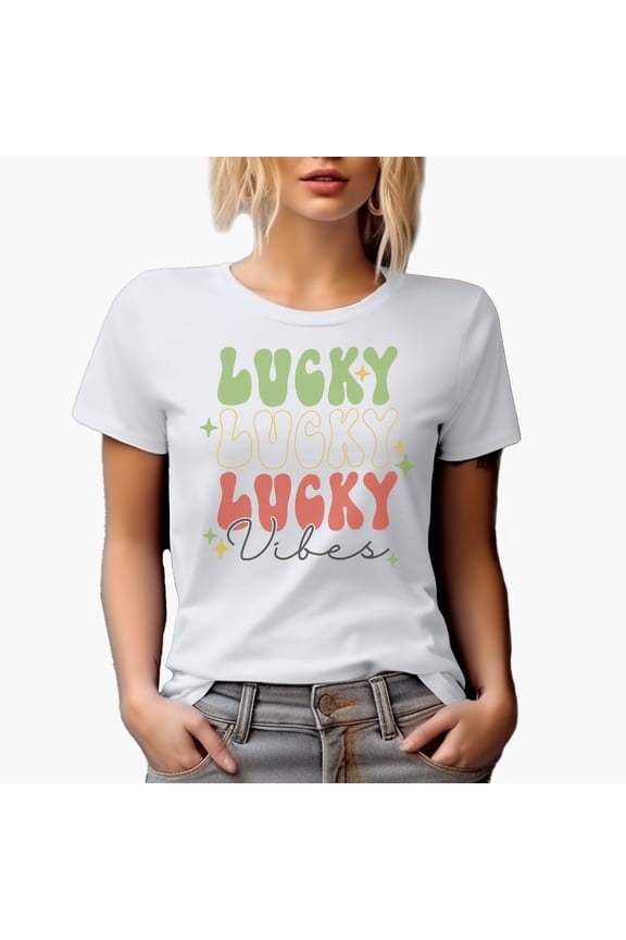 Lucky, Lucky, Lucky Vibes, St. Patrick's Day Merch Gift, White T-Shirt, Small
