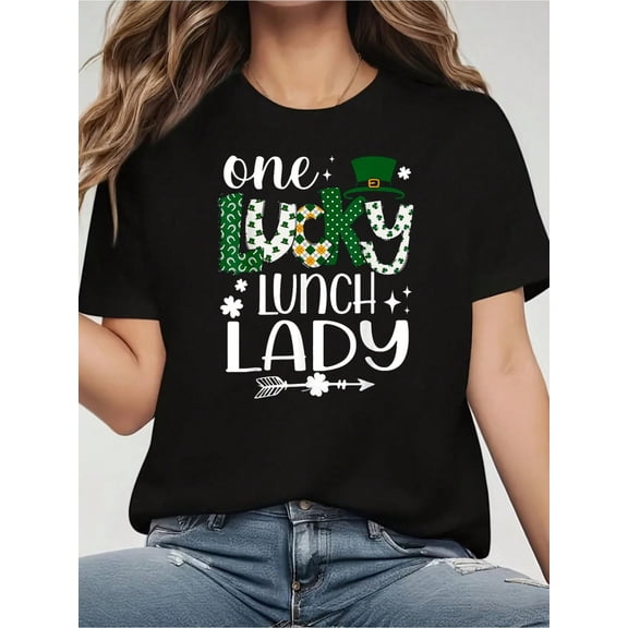 Lucky Lunch Lady St Patricks Day Women 100% Cotton Short Sleeve Graphic T-Shirt