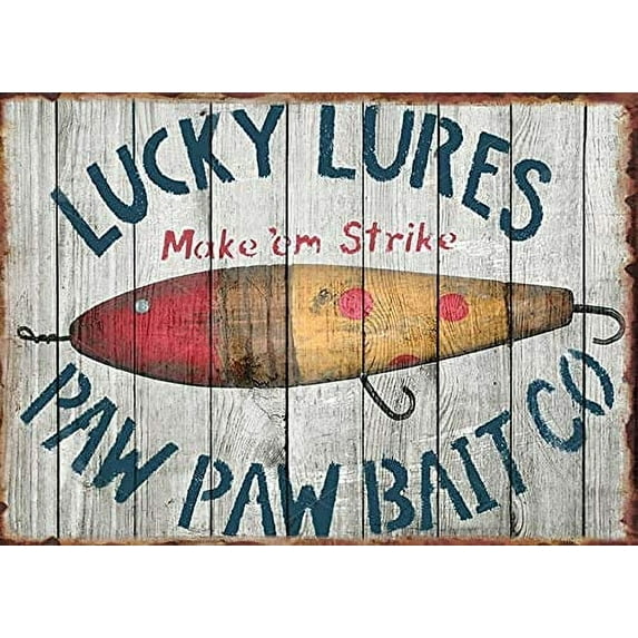 Lucky Lures Fishing Bait Shop Fishing Tackle Vintage Metal Tin Sign Kitchen Pub Funny Novelty Coffee Bar Wall Poster Garden Farm Man Cave Size: 12 x 16 inch