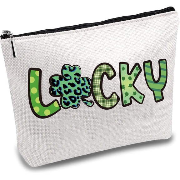 Lucky Makeup Bags Canvas Cosmetic Bag Multi Purpose Case Zipper Green Clover Pouches Toiletry Travel Storage Bag Purse Portable Makeup Storage Organizer for St. Patrick's Day Women 10x7Inch DIY Word