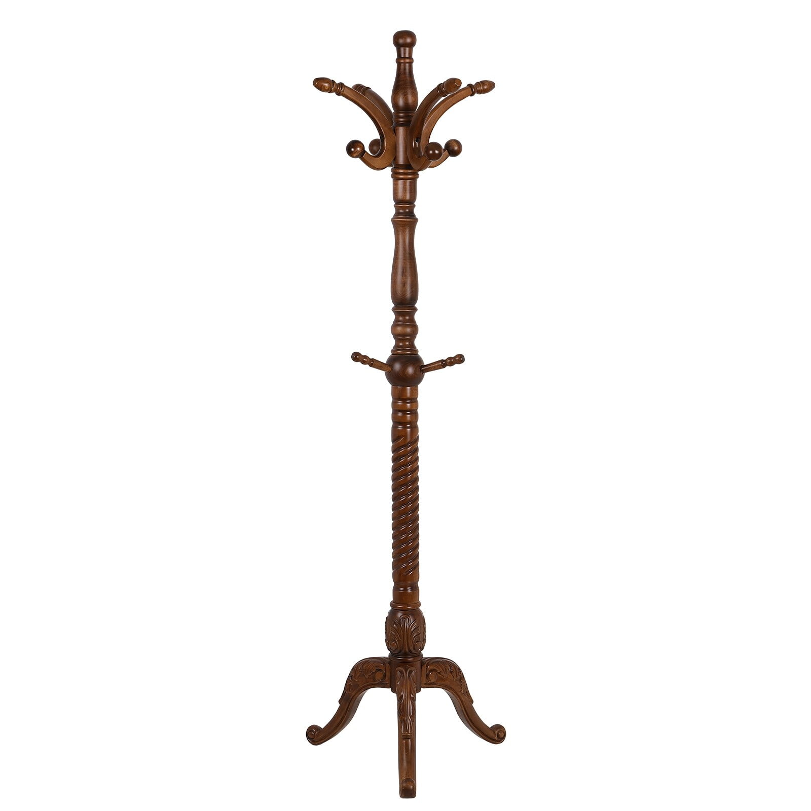 Luxury Dark Brown Solid Wood Freestanding Coat Rack with Beech Hooks