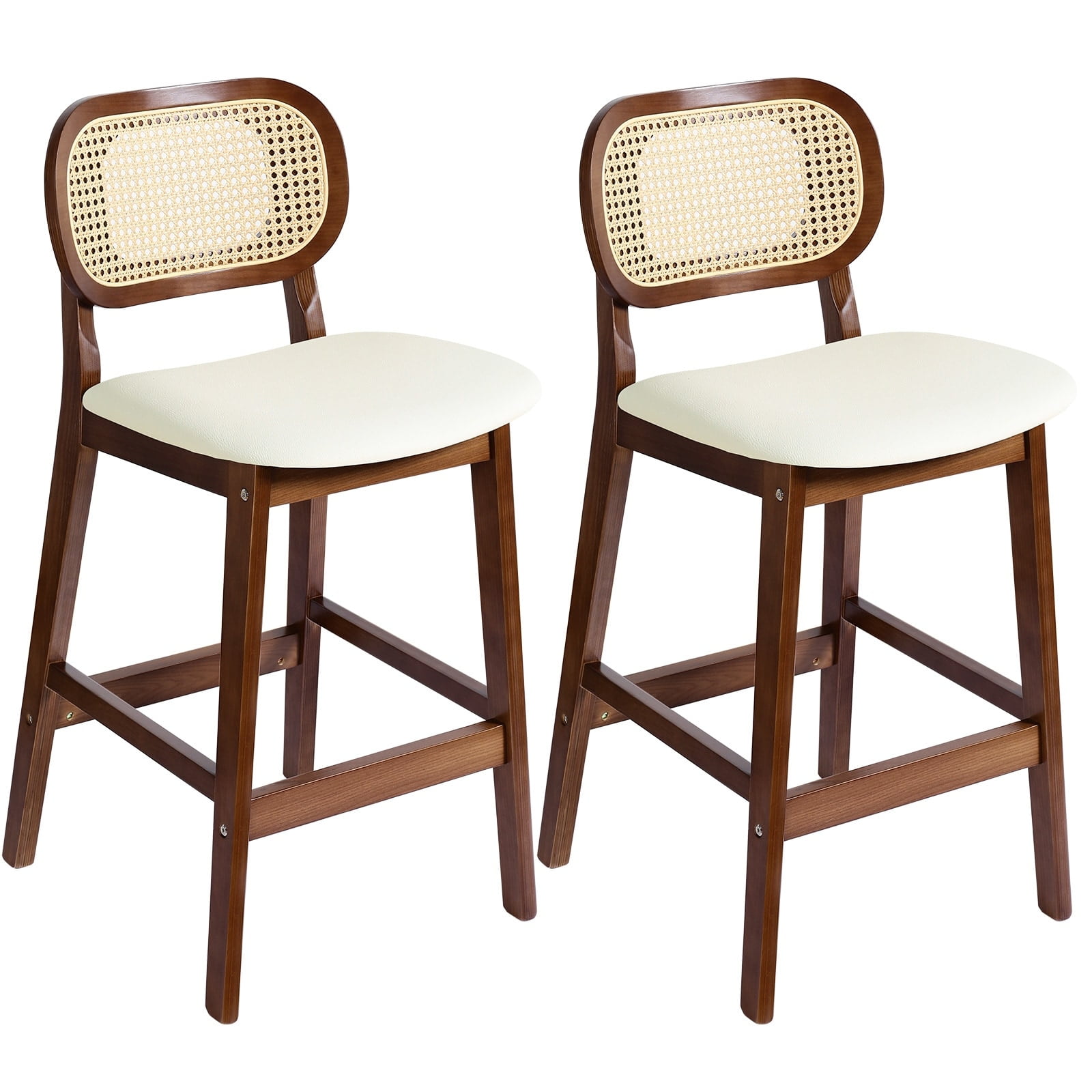 Set of 2 White Faux Leather and Brown Wood Counter Stools