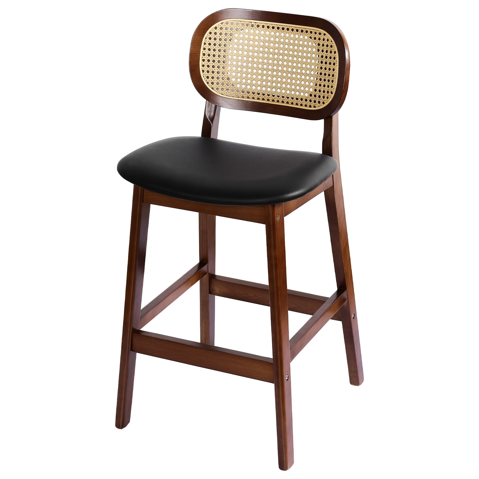 Black Faux Leather Counter Stool with Brown Wood Frame and Rattan Backrest