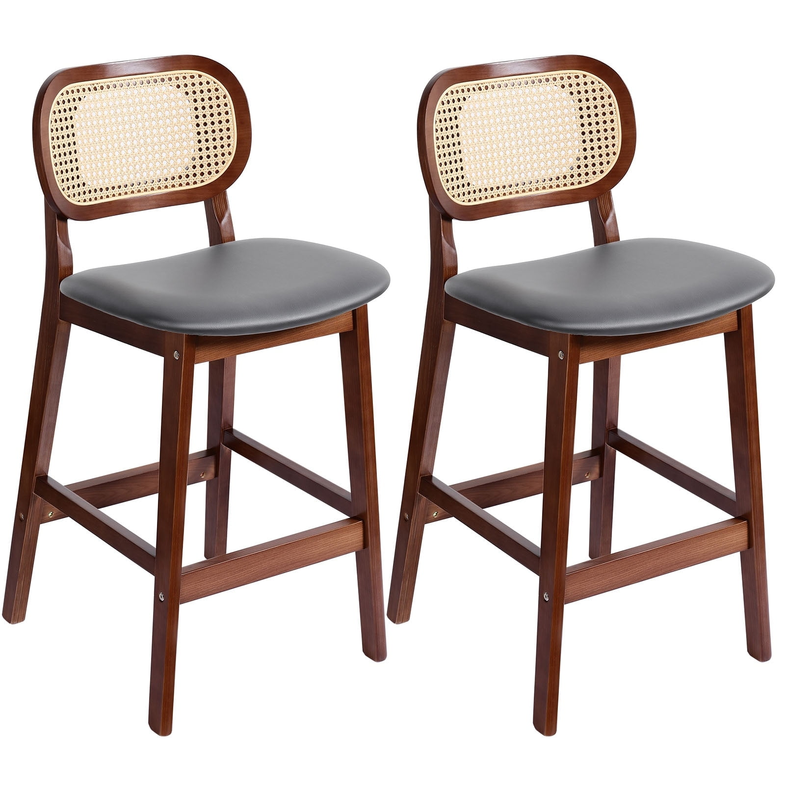Set of 2 Grey Faux Leather and Brown Wood Counter Stools with Rattan Back