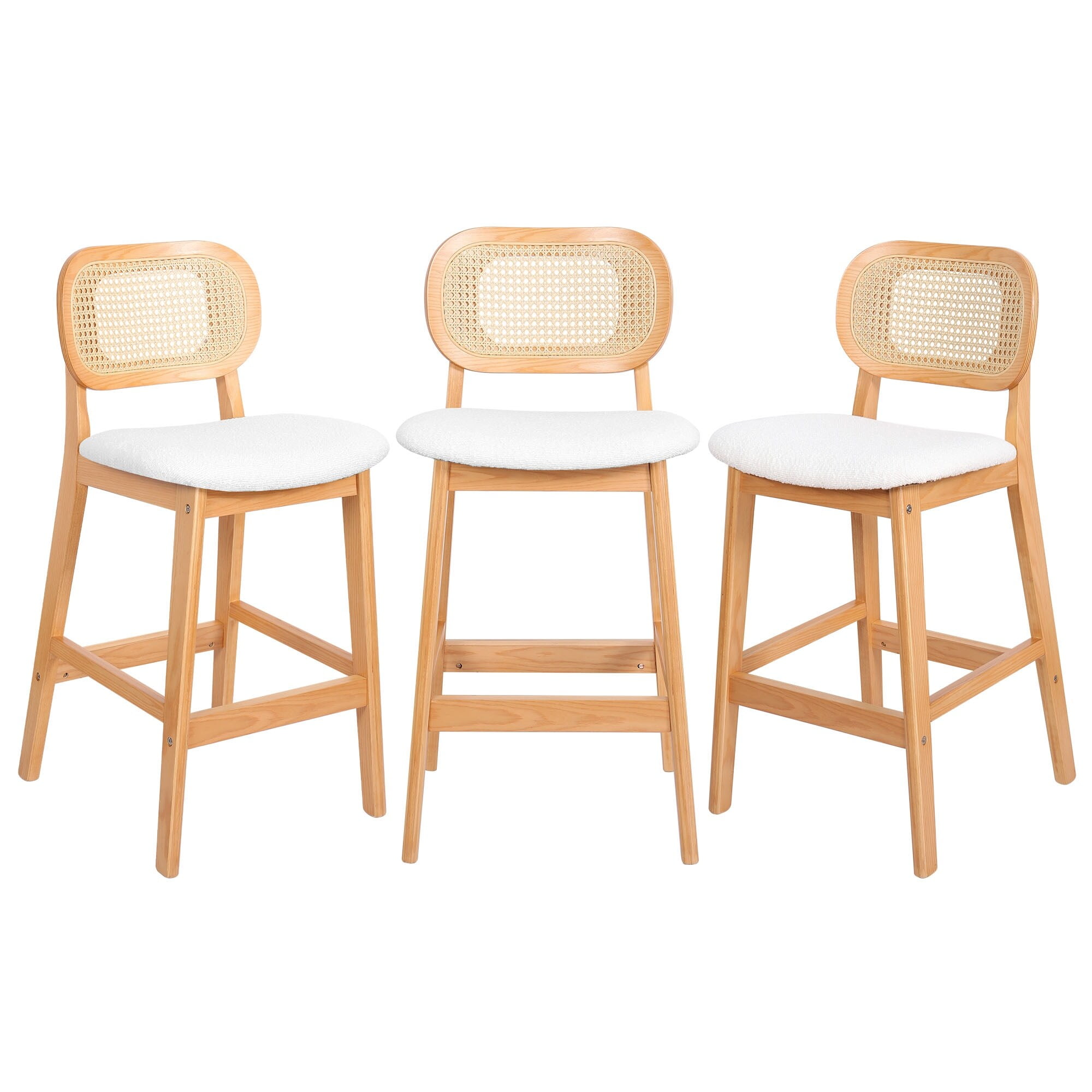 Set of 3 White Boucle Fabric and Natural Wood Counter Stools with Rattan Back