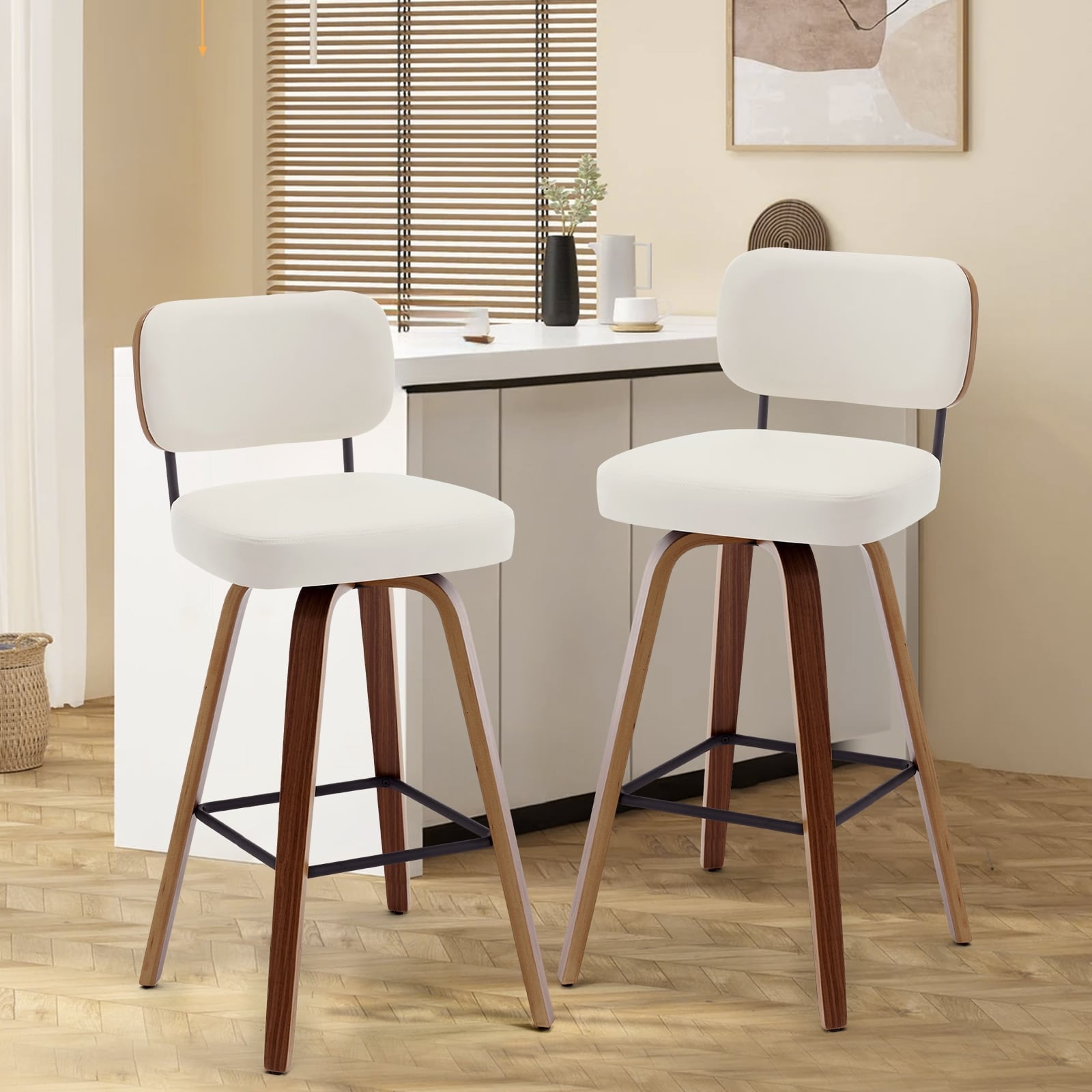 Cream White Faux Leather Swivel Bar Stools with Walnut Bentwood Legs