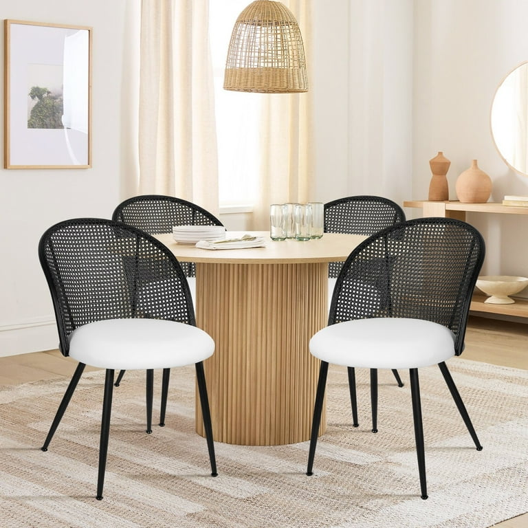 Lucky Monet Fabric PU Upholstered Rattan Dining Chairs Set of 2 4 22.8 D x 20 W x 31.1 H Set of 4 PU White Black Back