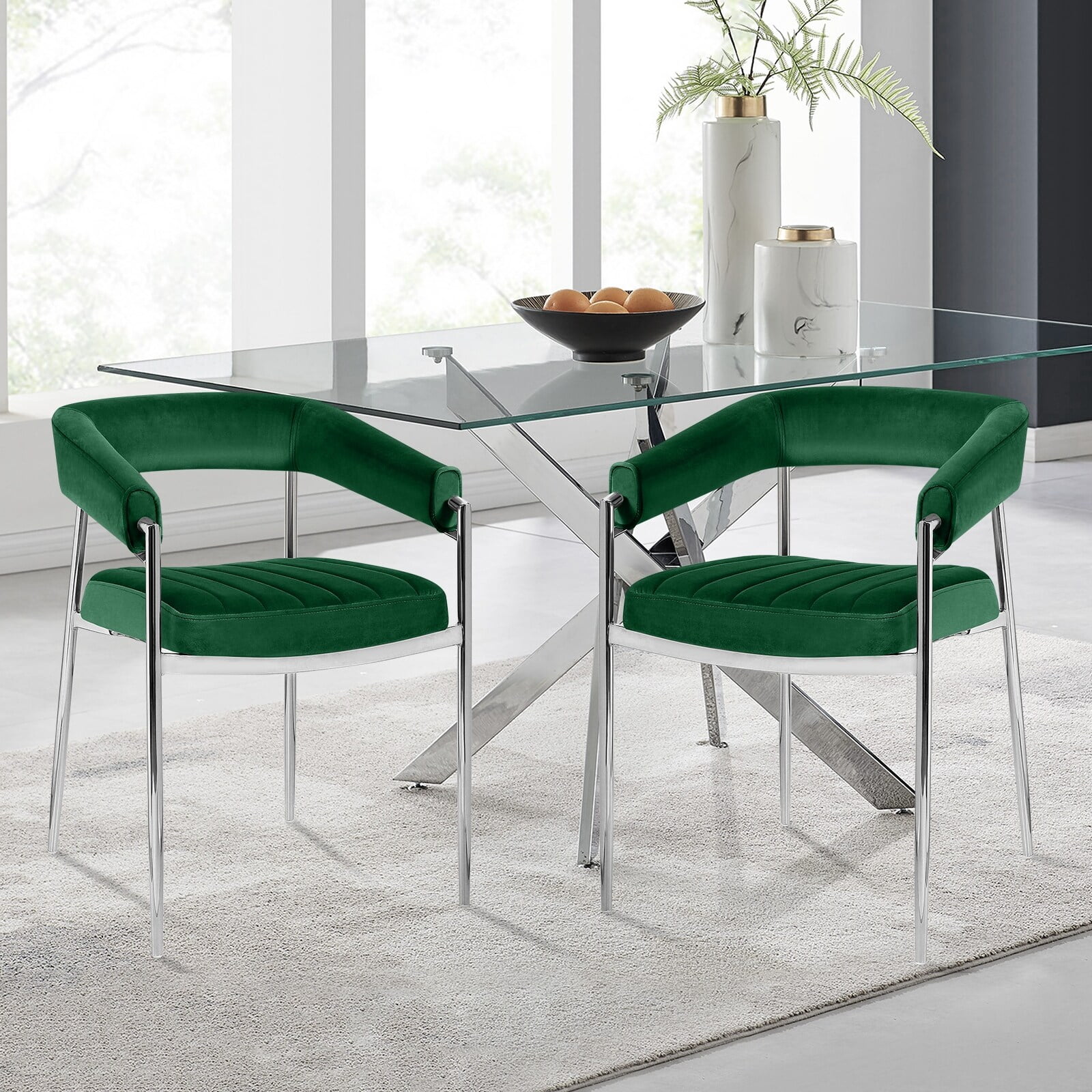 Lucky Monet Velvet Dining Chair Arm Chair with Chrome Metal Legs Set of ...