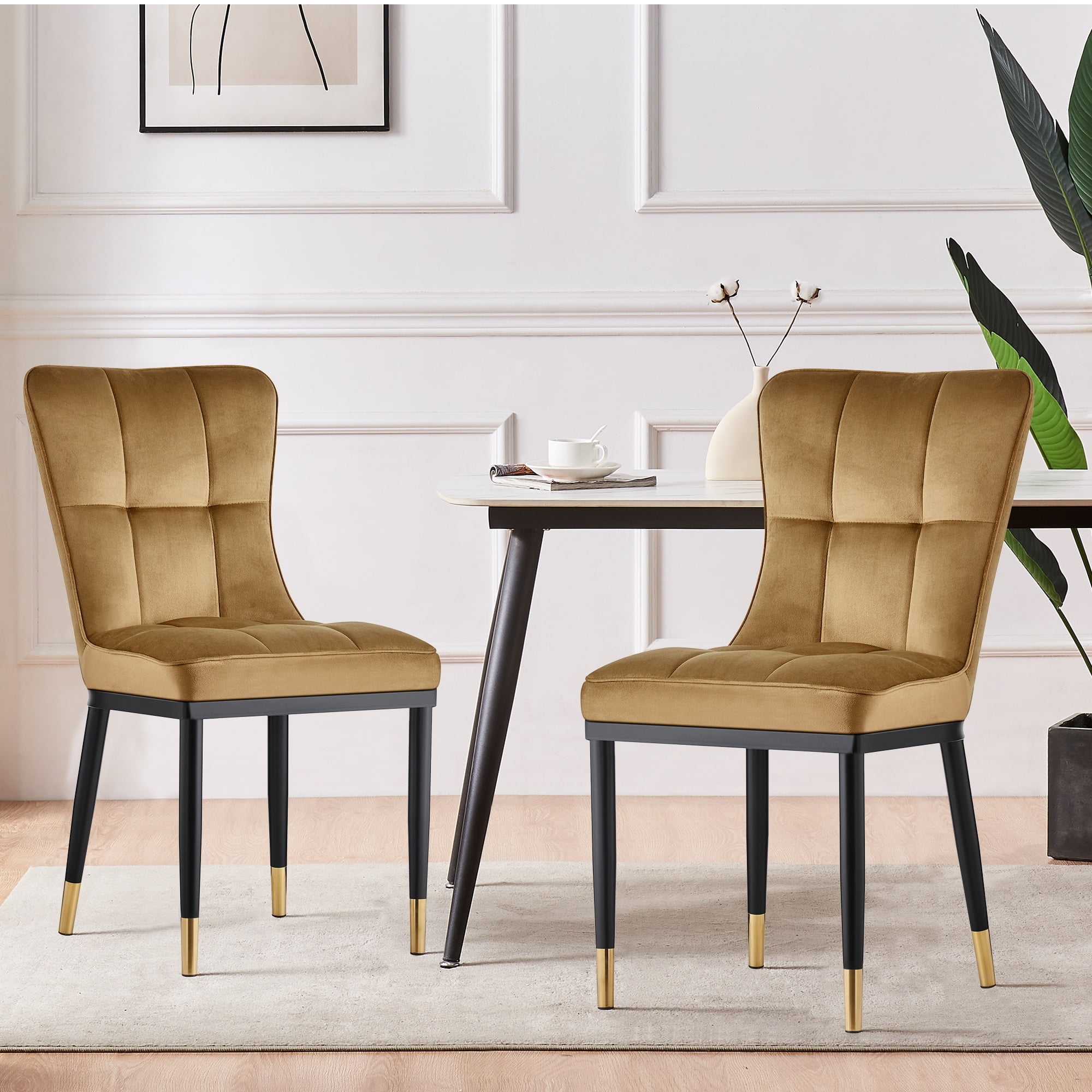 Khaki Velvet Upholstered Side Chair with Metal Legs, Set of 2