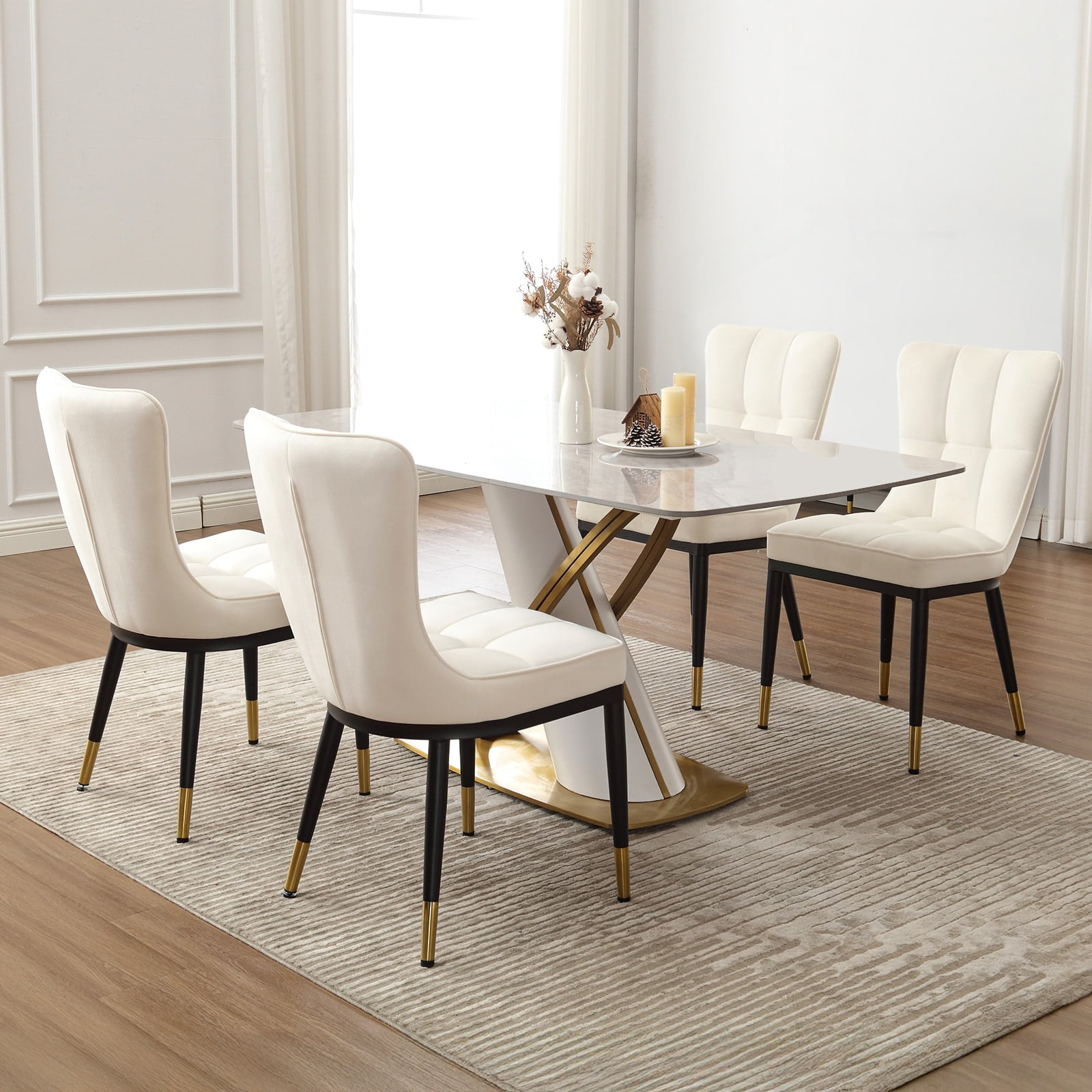 Cream White Velvet Upholstered Side Chair with Metal Legs