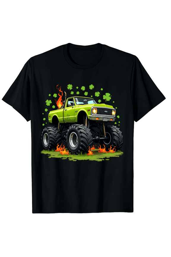 Lucky Monster Truck With Shamrocks Men Women Short Sleeve Graphic T-Shirt, St Patricks Day Vehicle Lover Gift