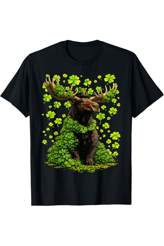Lucky Moose with Shamrocks Clovers St Patricks Day Animal T-Shirt