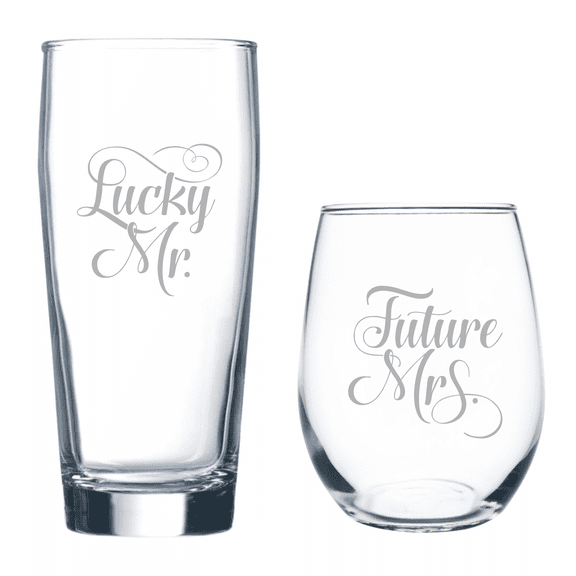 C&M Personal Gifts Lucky Mr. 20 oz Beer Glass and Future Mrs. 15 oz. Stemless Wine Glass - Set of 2 - Gift for Bridal, Engagement and Weddings (Style LF1)