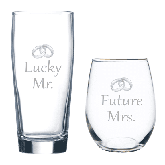 C&M Personal Gifts Lucky Mr. 20 oz Beer Glass and Future Mrs. 15 oz. Stemless Wine Glass - Set of 2 - Gift for Bridal, Engagement and Weddings (Style LF2)
