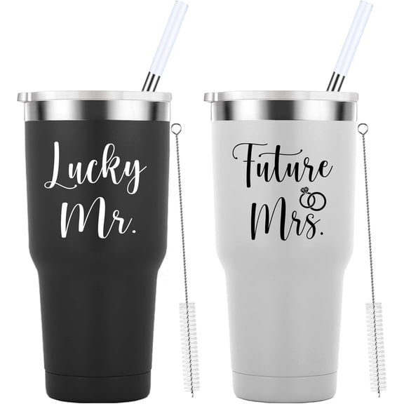 Lucky Mr Future Mrs Travel Mug 30oz Tumbler.Engagement Wedding Bride To Be Newly Engaged Bridal Shower Gifts for Couples.Couple Gift for Fiancee Fiance Bride Groom Mr Mrs.(Black&White)