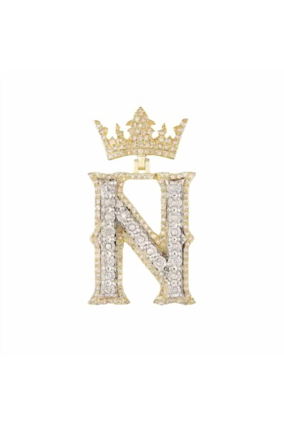 Lucky N Letter Single Logo Crown Name Men's Pendant Iced Out Diamond Hip Hop Bling Rapper Pendant 14K Tow Tone Gold Plated 925 Sterling Silver Handmade Customized Charm Pendant Gift For Dad