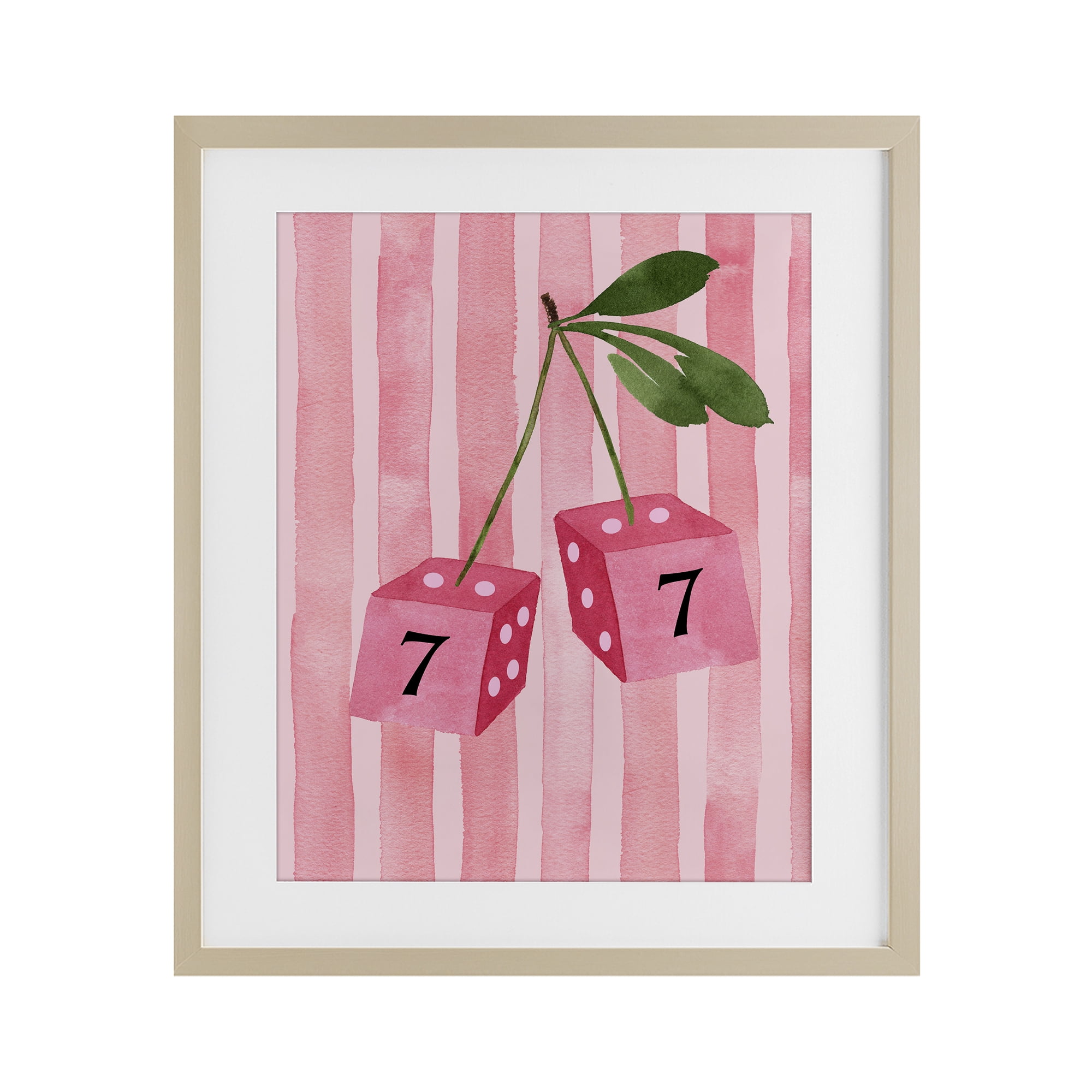 Lucky Number 7 Cherry Dice Birch Framed Print Under Glass, design by Nina Jacobs
