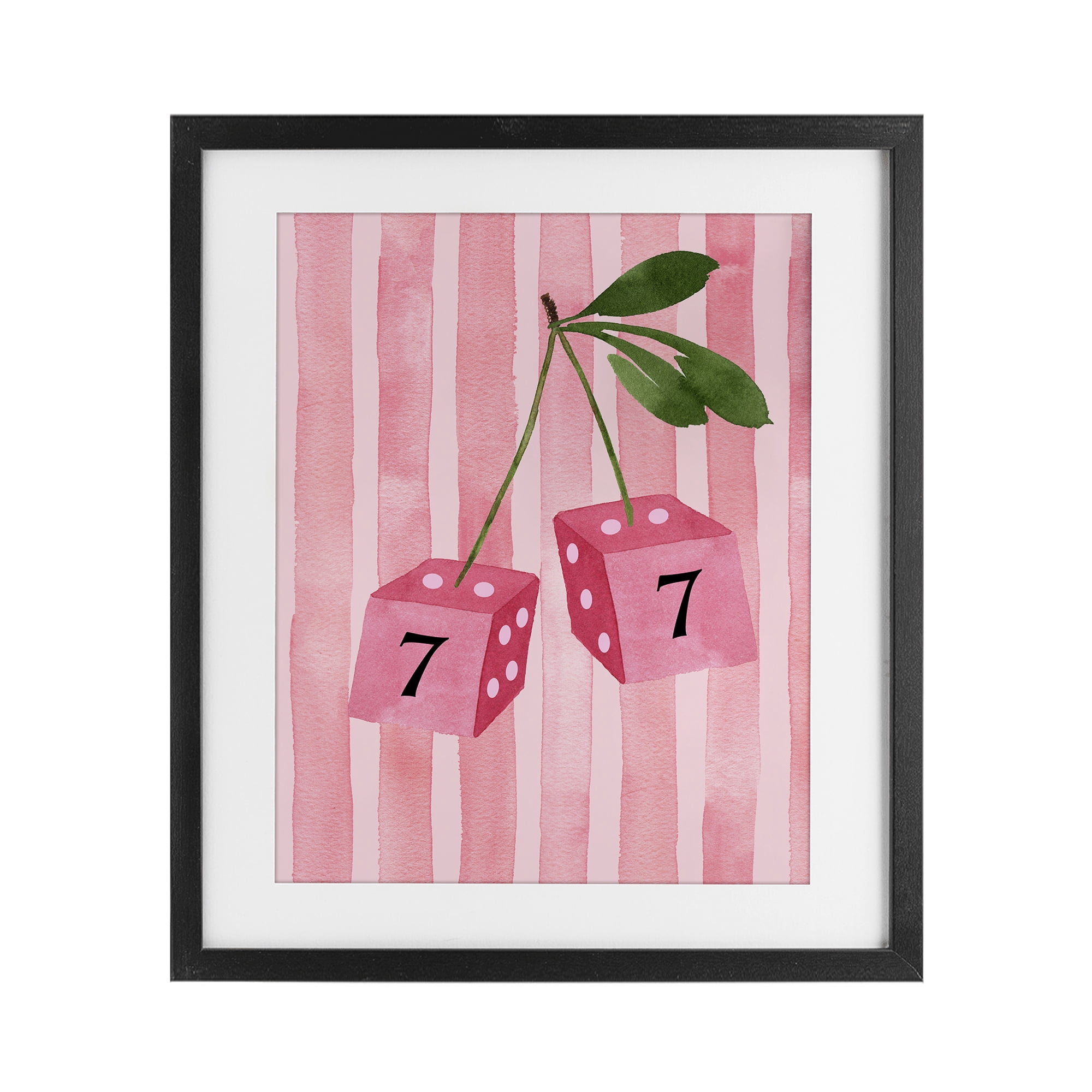 Lucky Number 7 Cherry Dice Black Framed Print Under Glass, design by Nina Jacobs