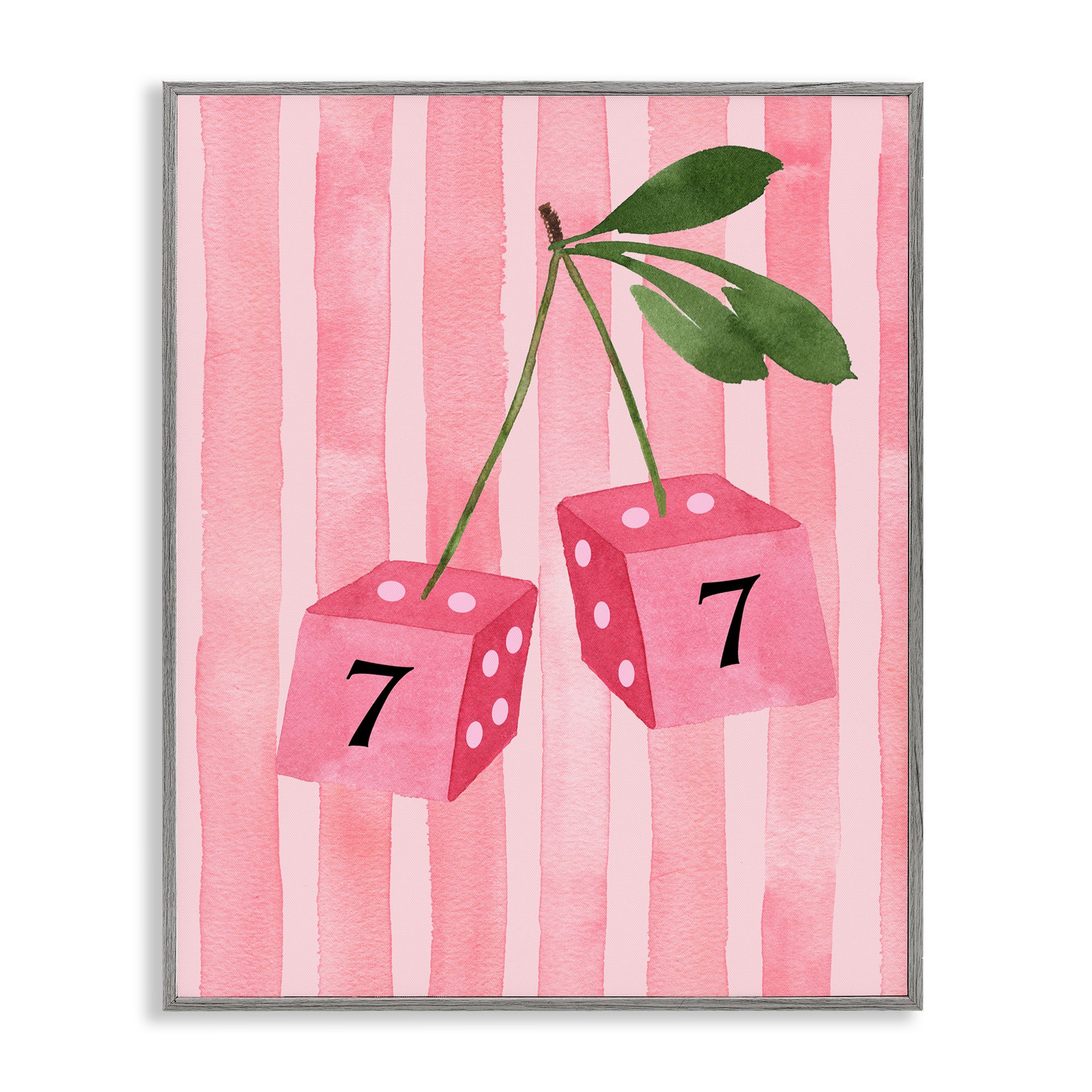 Lucky Number 7 Cherry Dice Gray Framed Giclee Art, design by Nina Jacobs