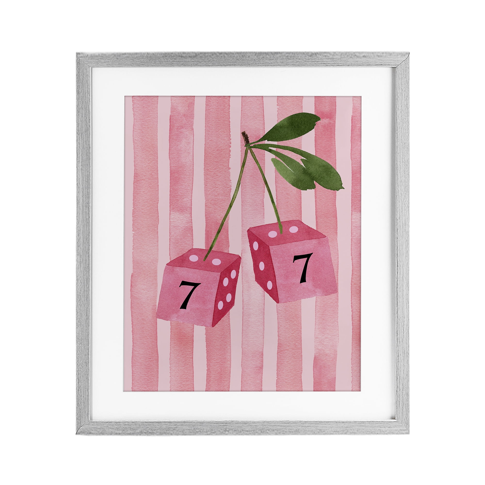 Lucky Number 7 Cherry Dice Gray Framed Print Under Glass, design by Nina Jacobs