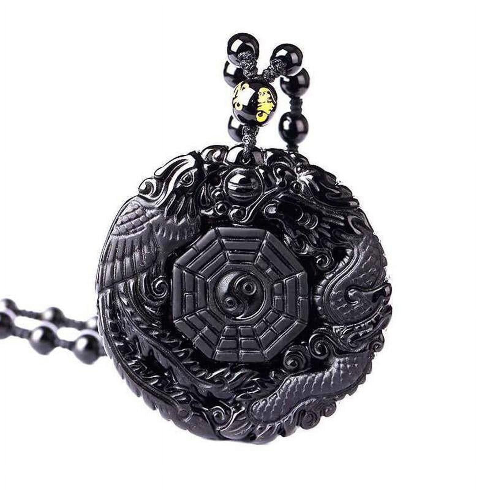 Lucky Pendant Black Obsidian Carving Wolf Yin Yang Necklace and