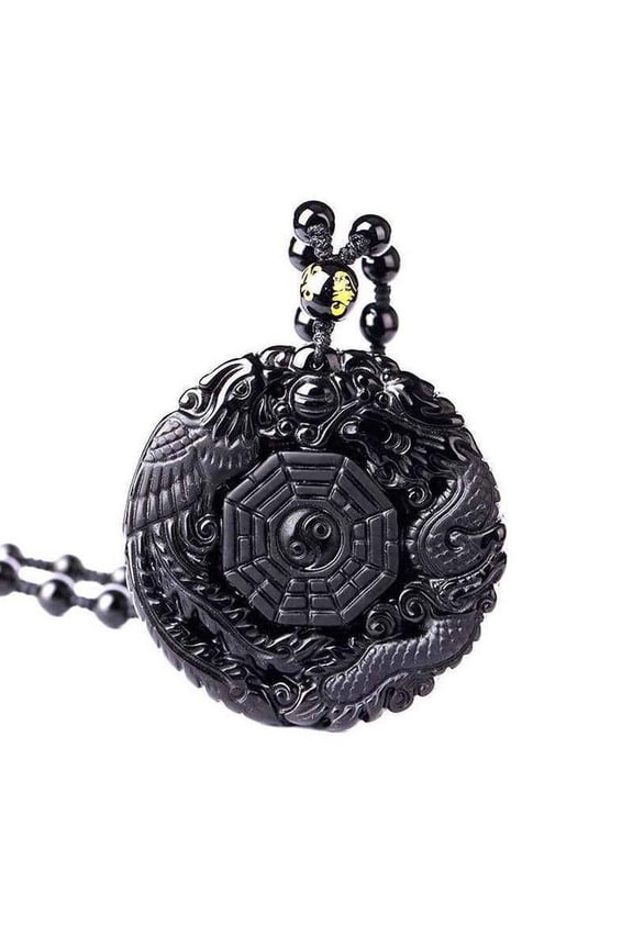 Lucky Pendant Black Obsidian Carving Wolf Yin Yang Necklace and Dragon Phoenix M3B4