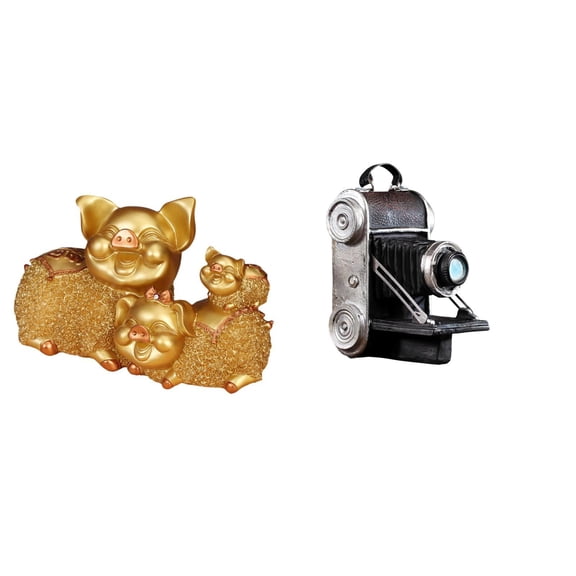 Lucky Pig Figurine Camera Statue Animal Sculpture Resin Material Decorative Home Office Shelf Display Collectible