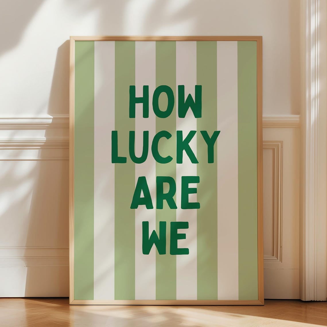 "How Lucky Are We" Canvas Wall Art - Green Stripes Preppy Print, 12x16 Inches Framed, Positive Quote Home Decor