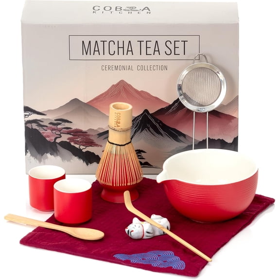 Lucky Red Matcha Tea Set Japanese Matcha Kit with Bamboo Whisk, Sieve, Scoop, Cups & Ceramic Bowl Red Matcha Ceremonial Set Authentic Gift Set & Accessories for Smooth, Frothy Tea. 2 cups