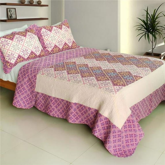 Lucky Ring - 100 Percent Cotton 3 Pieces Vermicelli-Quilted Patchwork Quilt Set Full & Queen Size - Purple