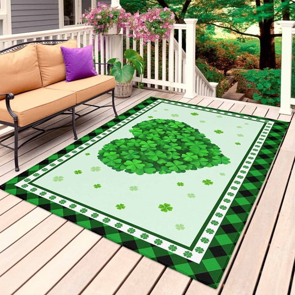 Lucky Saint Patrick's Day Outdoor Rug 6x9 Ft, Non Slip Washable Area Rug, Spring Green Grass Love Plaid Patio Rugs Carpet Runner, Large Floor Mat for Indoor/Outdoor Deck Porch Camping