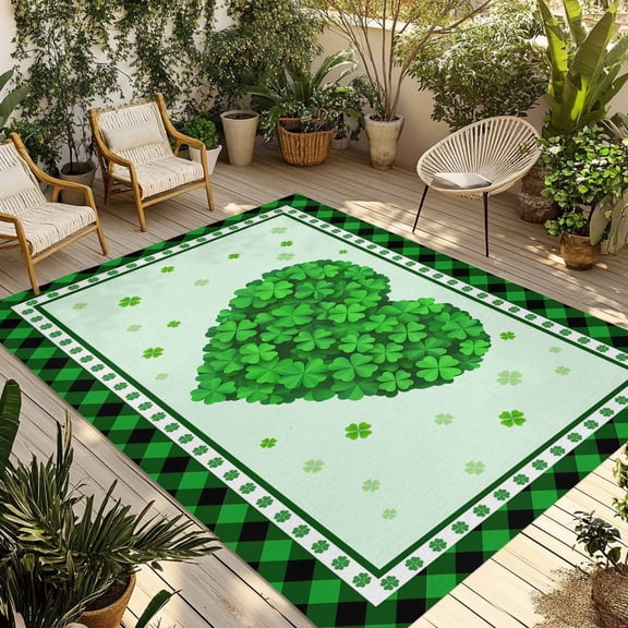 Lucky Saint Patrick's Day Outdoor Rug for Patio/Deck/Porch, Non-Slip Large Area Rug 3 x 5 Ft, Spring Green Grass Love Plaid Indoor Outdoor Rugs Washable Area Rugs, Camping Rug Carpet Runner