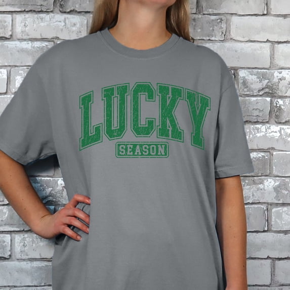 Lucky Season St. Patrick's Day Comfort Colors Shirt, Retro Lucky St. Patty's Day T-shirt, Funny St. Patrick's Day Graphic T-Shirt Design (Colors:Granite; Sizes:XL;)
