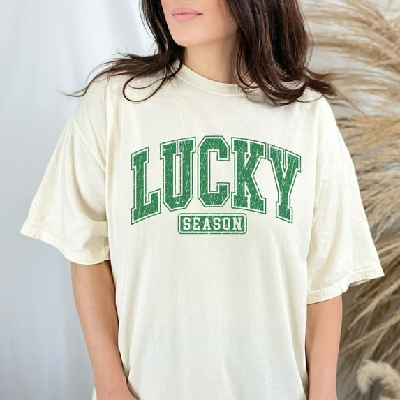 Lucky Season St. Patrick's Day Comfort Colors Shirt, Retro Lucky St. Patty's Day T-shirt, Funny St. Patrick's Day Graphic T-Shirt Design (Colors:Ivory; Sizes:M;)