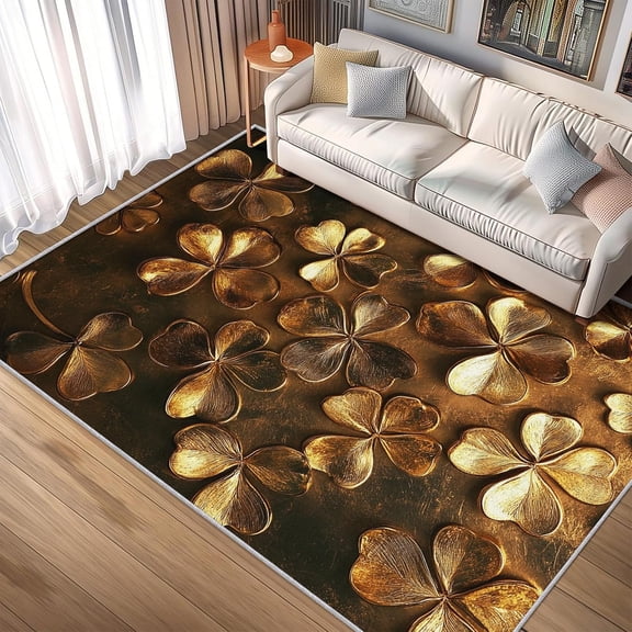 Lucky Shamrock Area Rugs, Metallic Gold Clover Carpet, Washable Non Slip Low Pile Soft Rug for Bedroom Living Room Decor Mat 2ftx3ft