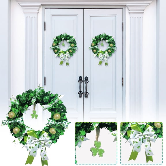 Lucky Shamrock Bow Wreath for Front Door - Extra Wide Ribbon Bow with Clover Accents, Ready-to-Hang Holiday Decoration for Home or Office