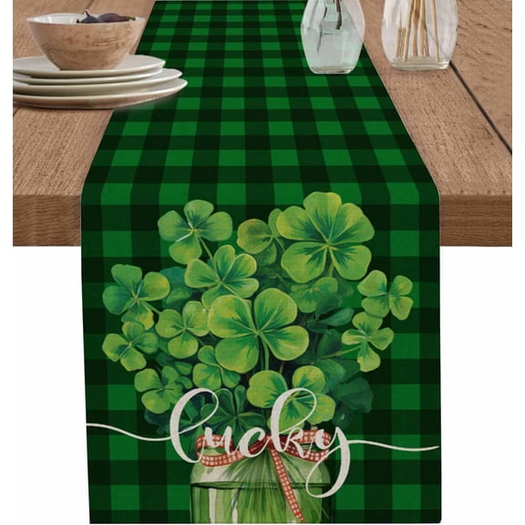 Lucky Shamrock Clover Cotton Table Runner, St. Patrick''s Day Green Buffalo Plaid Tablecloth Spring Dark Green Check Leaf Irish Table Runner 13 x 108 Inch