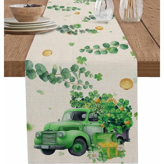 Lucky Shamrock Clover Cotton Table Runner, St. Patrick''s Day Retro Green Truck Shamrocks Eucalyptus Leaves Tablecloth Irish Spring Gold Coins Grass Green Eucalyptus Leaves Table Runner 13 x 36 Inch