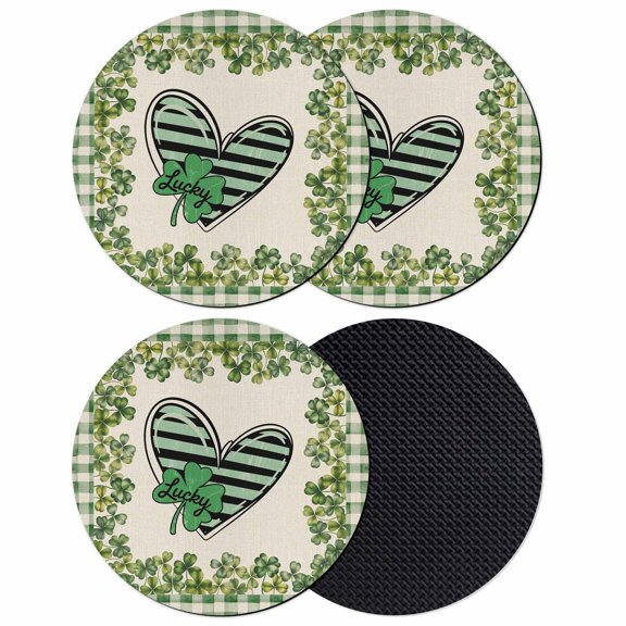 Lucky Shamrock Coasters Set of 4, Absorbent Coasters for Drinks, St. Patrick's Day Love Leaves Plaid Beige Coaster for Desk Coffee Table Protection, Home Decor House Warming Gifts 4"