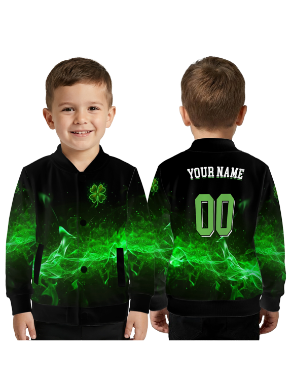 Lucky Shamrock Green Flame Coat, Personalized Clover Graphic Jacket, St. Patrick’s Day Festive Outerwear