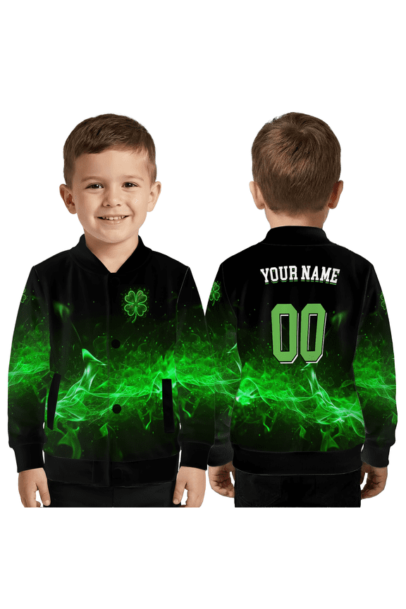 Lucky Shamrock Green Flame Jacket, Personalized Clover Graphic Jacket, St. Patrick’s Day Festive Outerwear