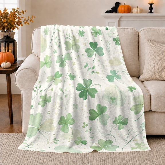 Lucky Shamrock Irish, Festive Rustic Scene, Warm Flannel Blanket for Home Library and Reading Nook with Detailed Artwork, Art Lovers St Patricks Day Gift, Festive Home Decor