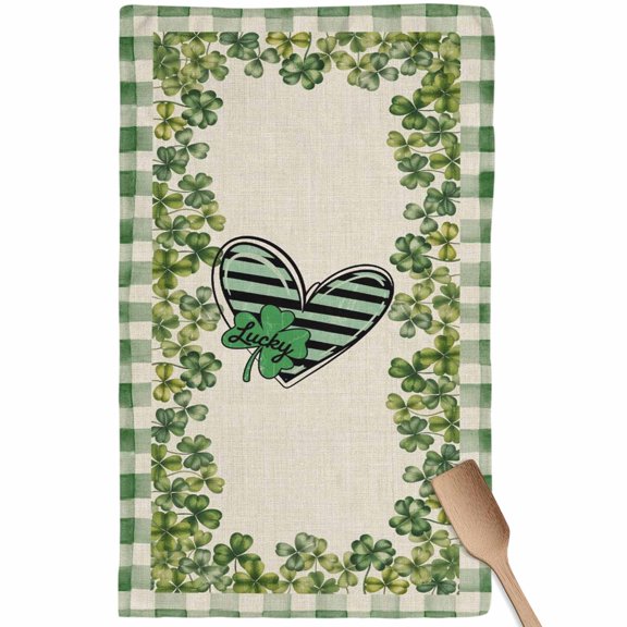 Lucky Shamrock Kitchen Towel Dish Cloths Set of 1, Microfiber Soft Kitchen Hand Towels, St. Patrick's Day Love Leaves Plaid Beige Absorbent Quick Drying Dishcloths 18 x 28 Inches