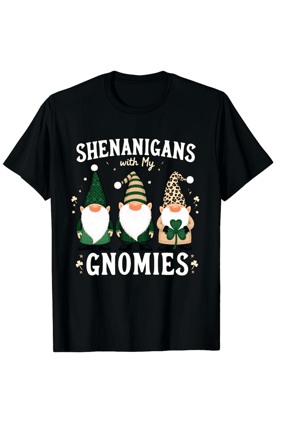 Lucky Shamrock Leopard Print Gnomes Men Women Short Sleeve Graphic T-Shirt, St Patricks Day Trendy Gift