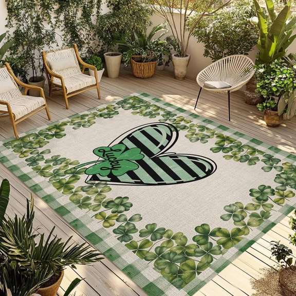 Lucky Shamrock Outdoor Rug for Patio/Deck/Porch, Non-Slip Large Area Rug 4 x 6 Ft, St. Patrick''s Day Love Leaves Plaid Beige Indoor Outdoor Rugs Washable Area Rugs, Camping Rug Carpet Runner
