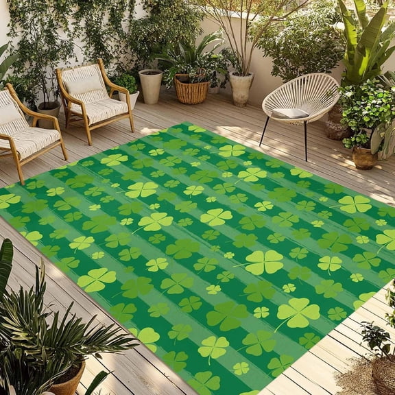 Lucky Shamrock Outdoor Rug for Patio/Deck/Porch, Non-Slip Large Area Rug 4 x 6 Ft, St. Patrick''s Day Spring Plants Green Stripes Indoor Outdoor Rugs Washable Area Rugs, Camping Rug Carpet Runner
