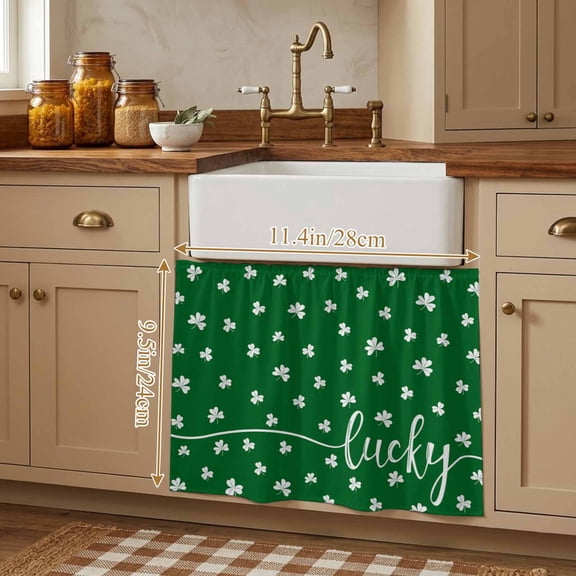 Lucky Shamrock, Small Cabinet Curtains 10"W x 11"L, St. Patrick's Day Irish Clover Green Sink Skirt Dust-Proof Short Curtain for Bathroom Vanity Storage Cubby Desk, Self Adhesive Privacy Drapes