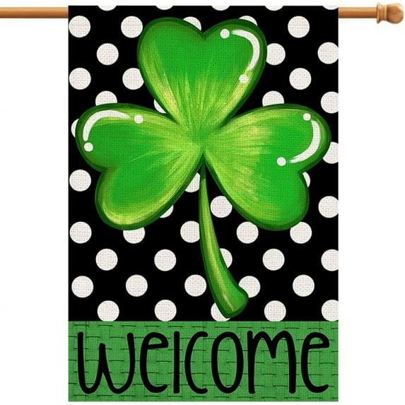 Lucky Shamrock St Patricks Day House Flag 28x40 Inch Double Sided Burlap, Welcome Seasonal Sign Large Flag Farmhouse Yard Outdoor Decorations DF189-28