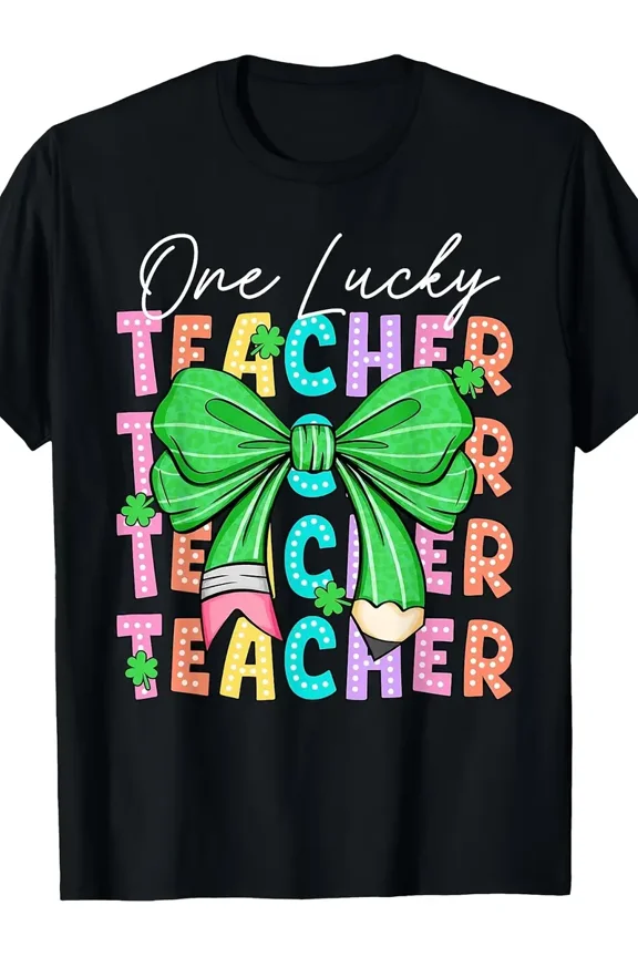 Lucky Shamrock Teacher Graphic St Patricks Day Women Short Sleeve Black Tee Shirt